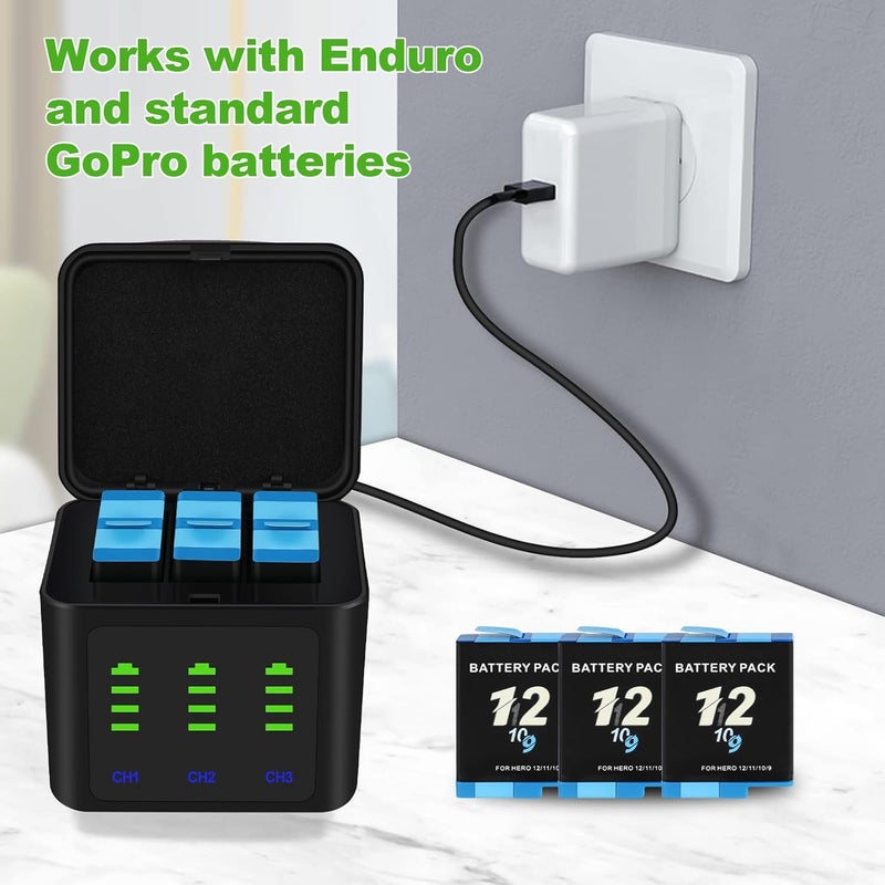 Fancy Buying أطقم شاحن بطاريات لجهاز GoPro Hero 12 11 10 9 بلاك، 3-pack بطاريات بديلة بسعة 2000 مللي أمبير + علبة شحن ثلاثية مع كابل شحن Type-C لملحقات بطاريات Go Pro 12 11 10 9 الرسمية - Image 4